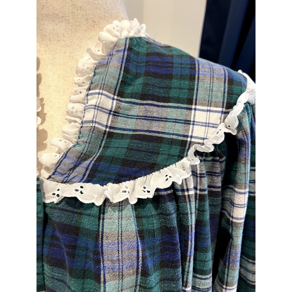 LANZ OF SALZBURG Blue and Green Plaid Long Flannel Nightgown Prairie Med. Cotton - Picture 2 of 11